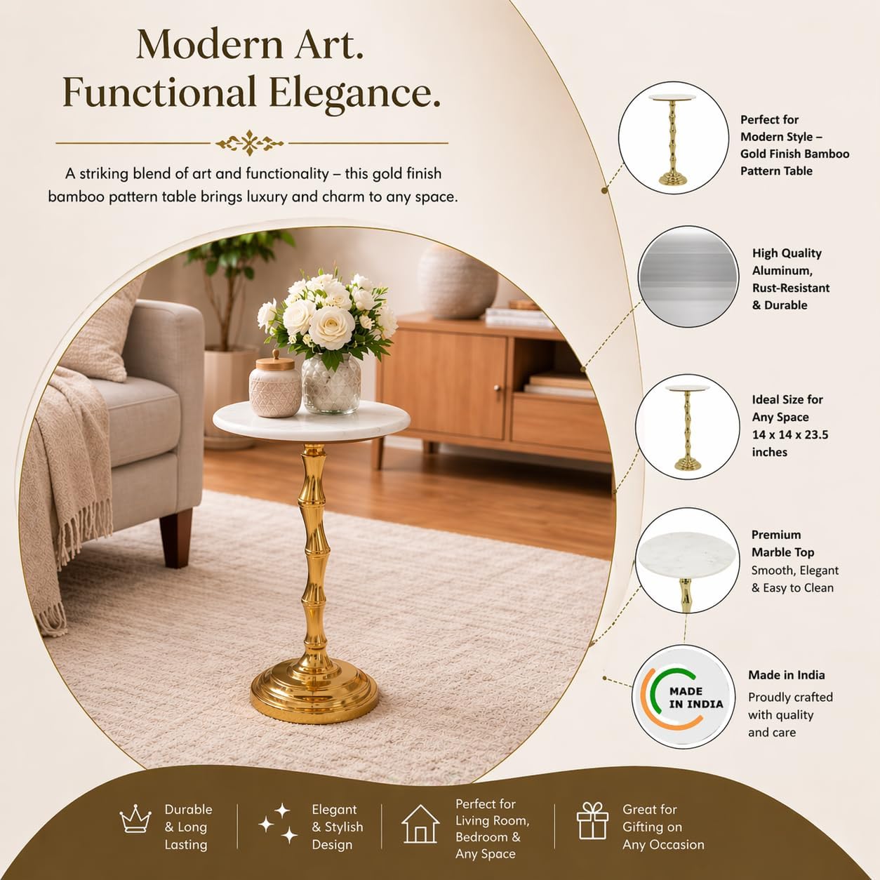 Gold Side Table with White Marble Top | Decorative Modern End Table | Bamboo Shape Aluminum Base | Accent Table for Living Room Decor | 14x14x23.5