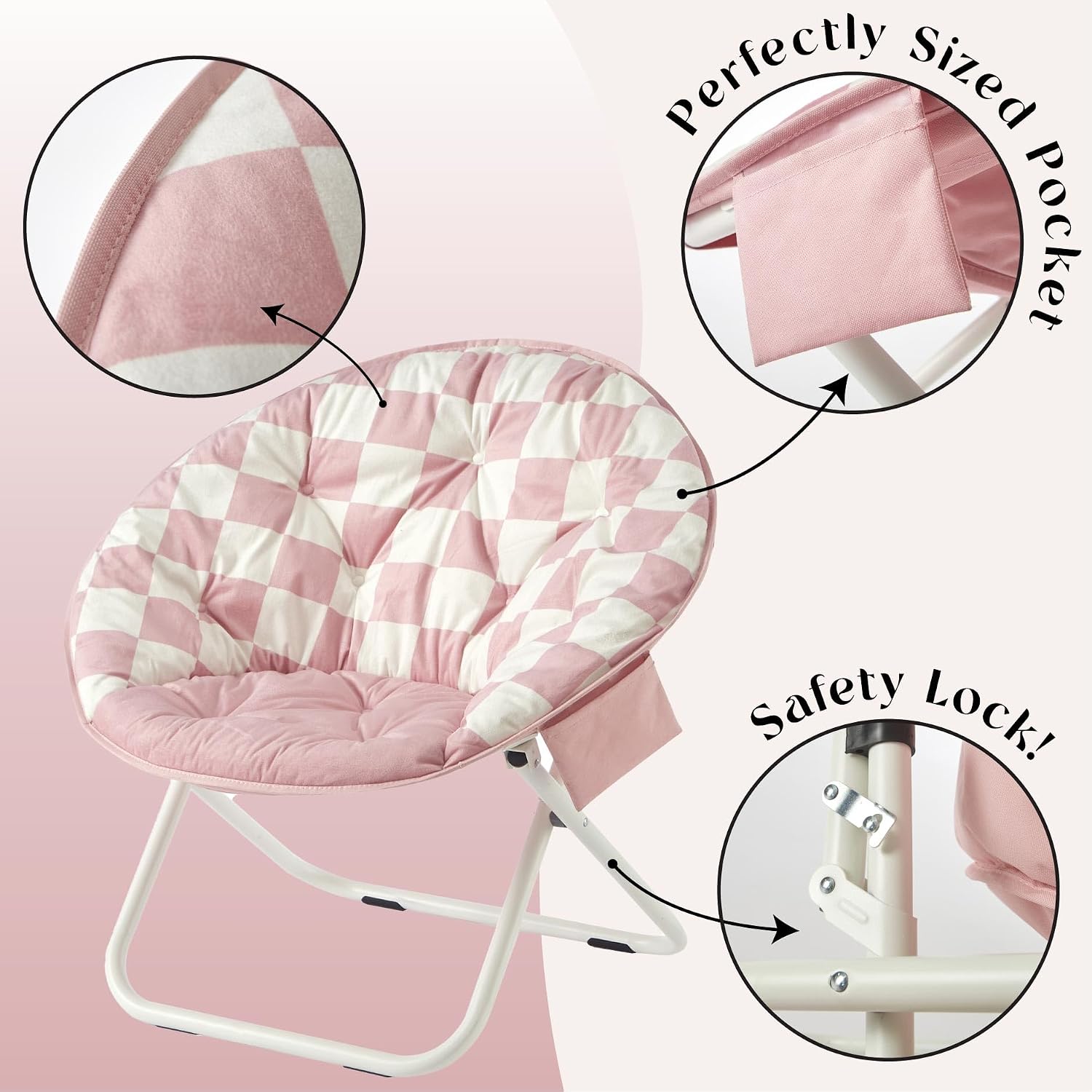 Urban Lifestyle Printed Back Micromink Saucer™ Chair with White Legs and Side Storage Pocket, Pink and White Check