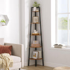 Hoctieon Corner Shelf, 5-Tier Corner Bookshelf, Rustic Ladder Shelf, Industrial Display Stand for Living Room, Kitchen, Home Office, Balcony, Small Space, Metal Frame, Rustic Brown
