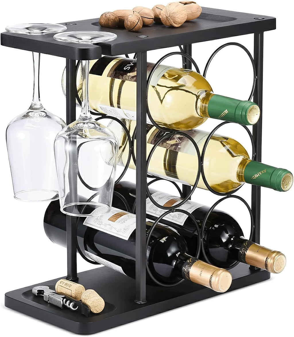 ALLCENER Modern Wine Rack Countertop, Matte Black 6 Bottle Wine Rack with Glass Holder, Metal Wine Holder Stand with Shelf & Corkscrew Tray for Home Bar & Kitchen