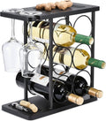 ALLCENER Modern Wine Rack Countertop, Matte Black 6 Bottle Wine Rack with Glass Holder, Metal Wine Holder Stand with Shelf & Corkscrew Tray for Home Bar & Kitchen