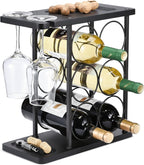 ALLCENER Modern Wine Rack Countertop, Matte Black 6 Bottle Wine Rack with Glass Holder, Metal Wine Holder Stand with Shelf & Corkscrew Tray for Home Bar & Kitchen
