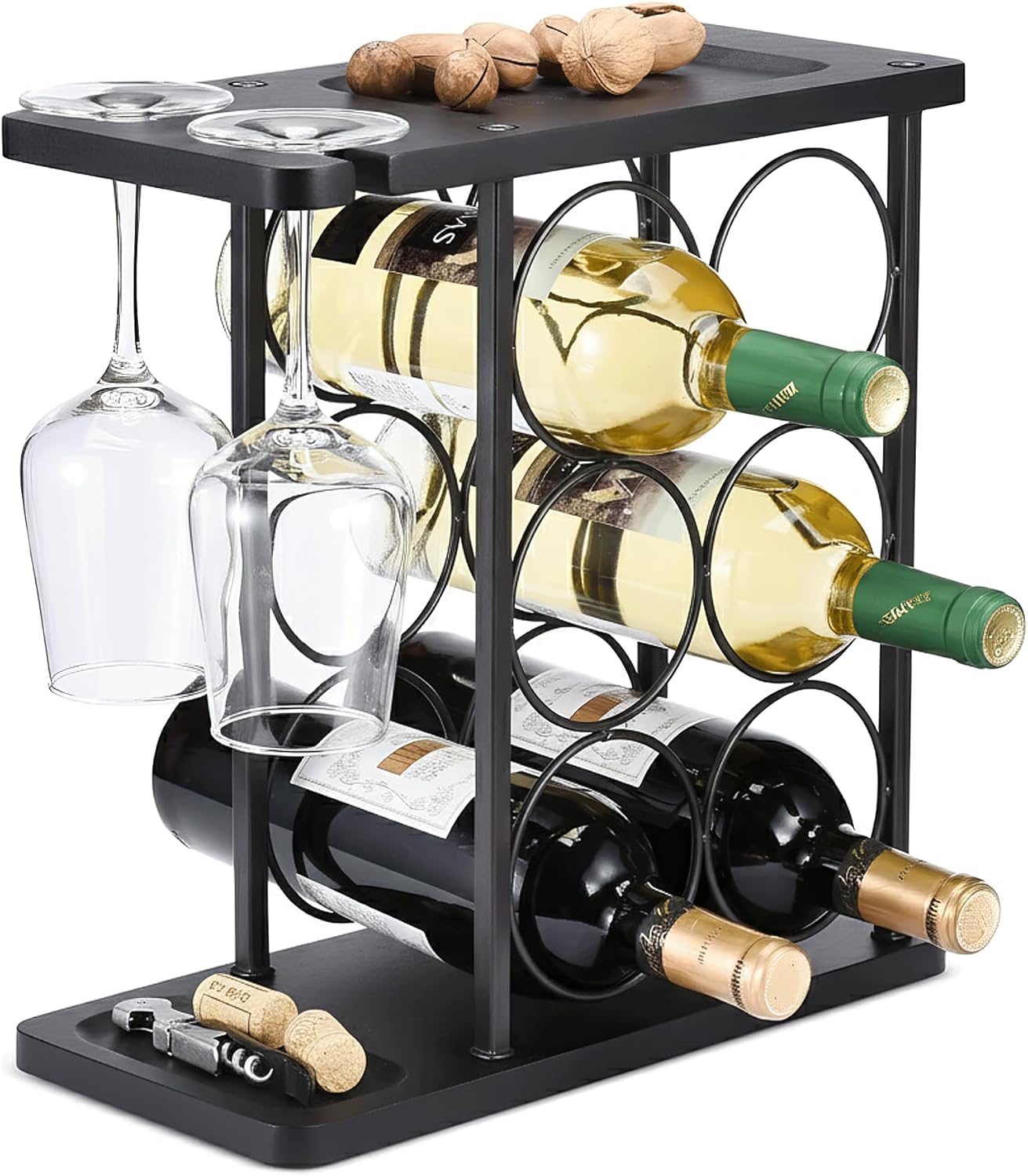 ALLCENER Modern Wine Rack Countertop, Matte Black 6 Bottle Wine Rack with Glass Holder, Metal Wine Holder Stand with Shelf & Corkscrew Tray for Home Bar & Kitchen