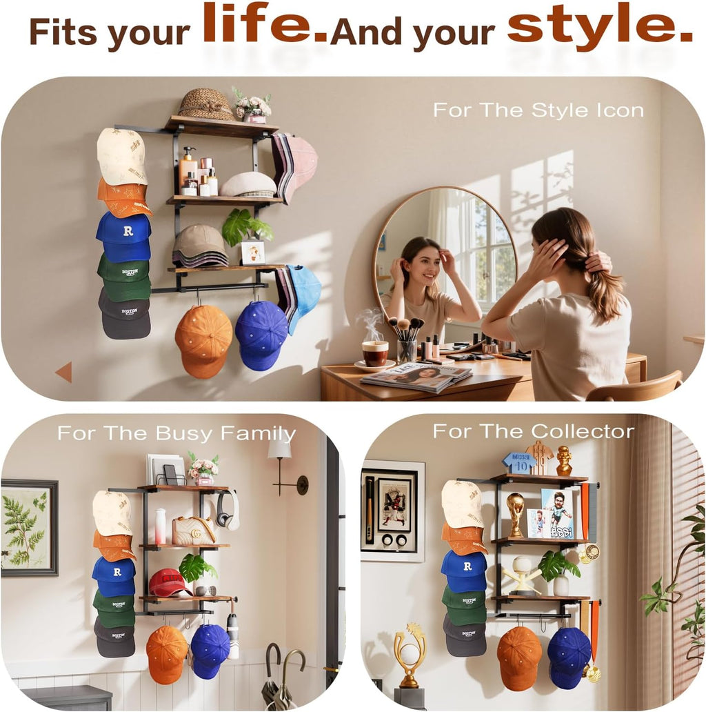 Keebofly Hat Rack for Wall with Shelf for Handbags, Purse,Bennies, Perfumes & Cosmetics Display, Hat Holder Storage for 100+ Caps, Baseball Cap Organizer & Beanie Holder for Closet, Entryway, Bedroom