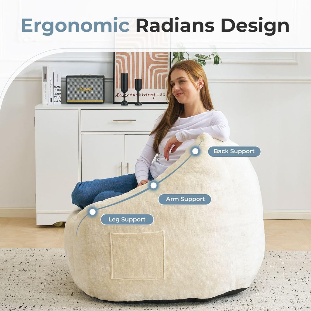 Giant Bean Bag Chair for Adults,Oversized Bean Bag with Filling Plush Fluffy,BeanBag Floor Sofa Chair with with Back Support for Living Room, Bedroom, Reading,Beige