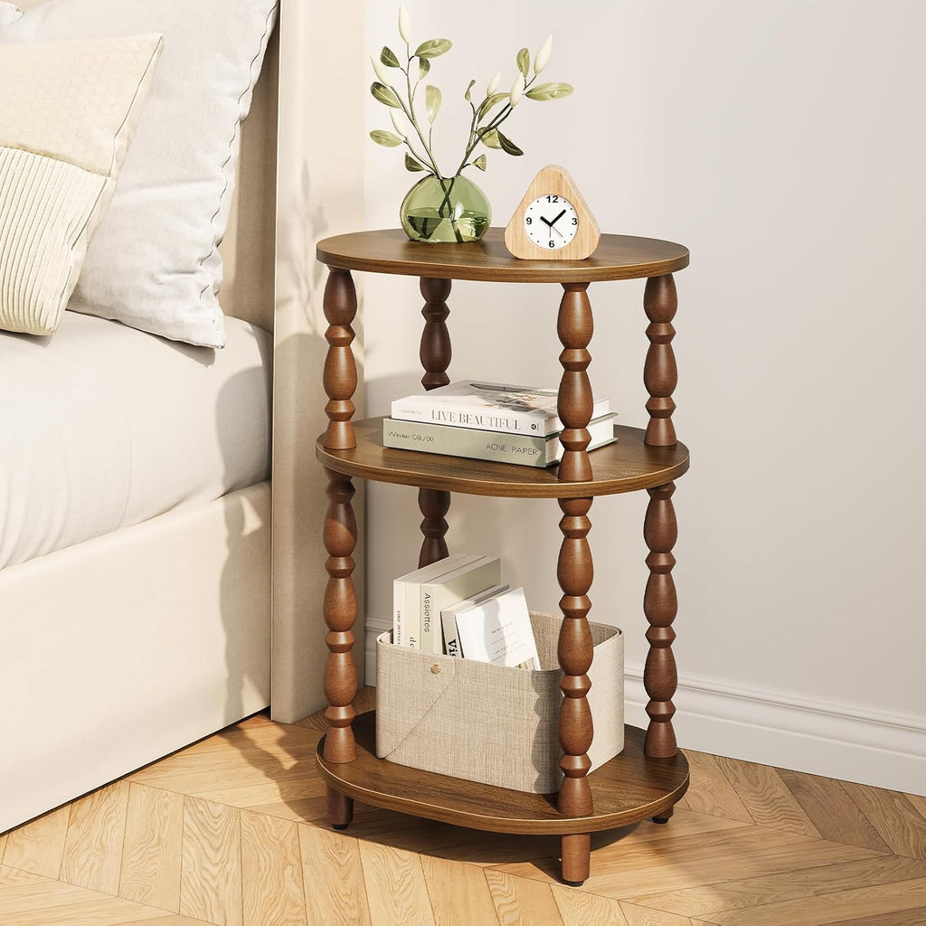 Yoobure 3-Tier Small Side Table - Oval End Table with Vintage Spindle Legs, Accent Night Stand with Storage Shelf for Narrow Spaces, Wood Nightstand Bedside Table for Living Room, Bedroom, Walnut