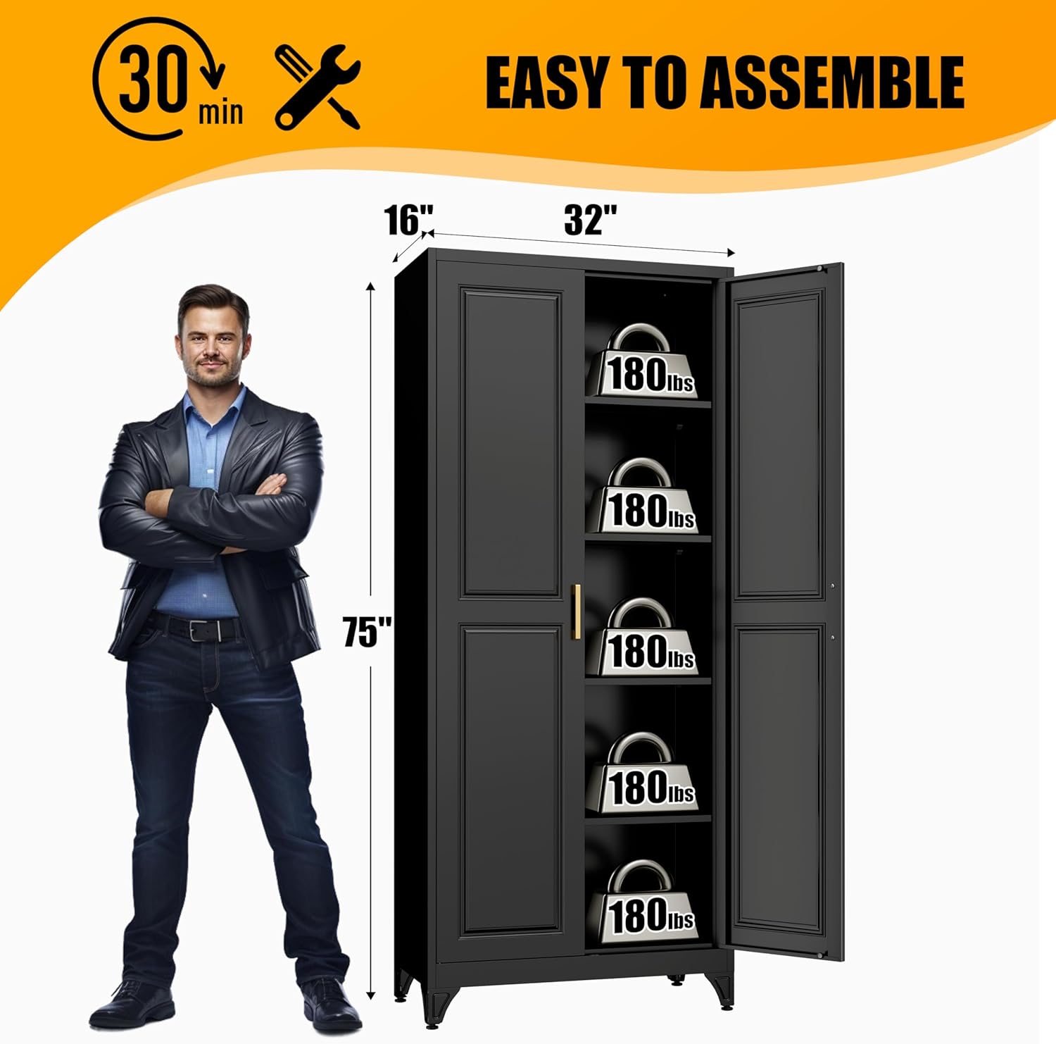 75" Tall Metal Storage Cabinet, Kitchen Pantry Storage Cabinets with Doors and 4 Shelves, Black Pantry Cabinet, Utility Kitchen Cupboard, Large Steel Cabinets for Dining, Office, Living Room
