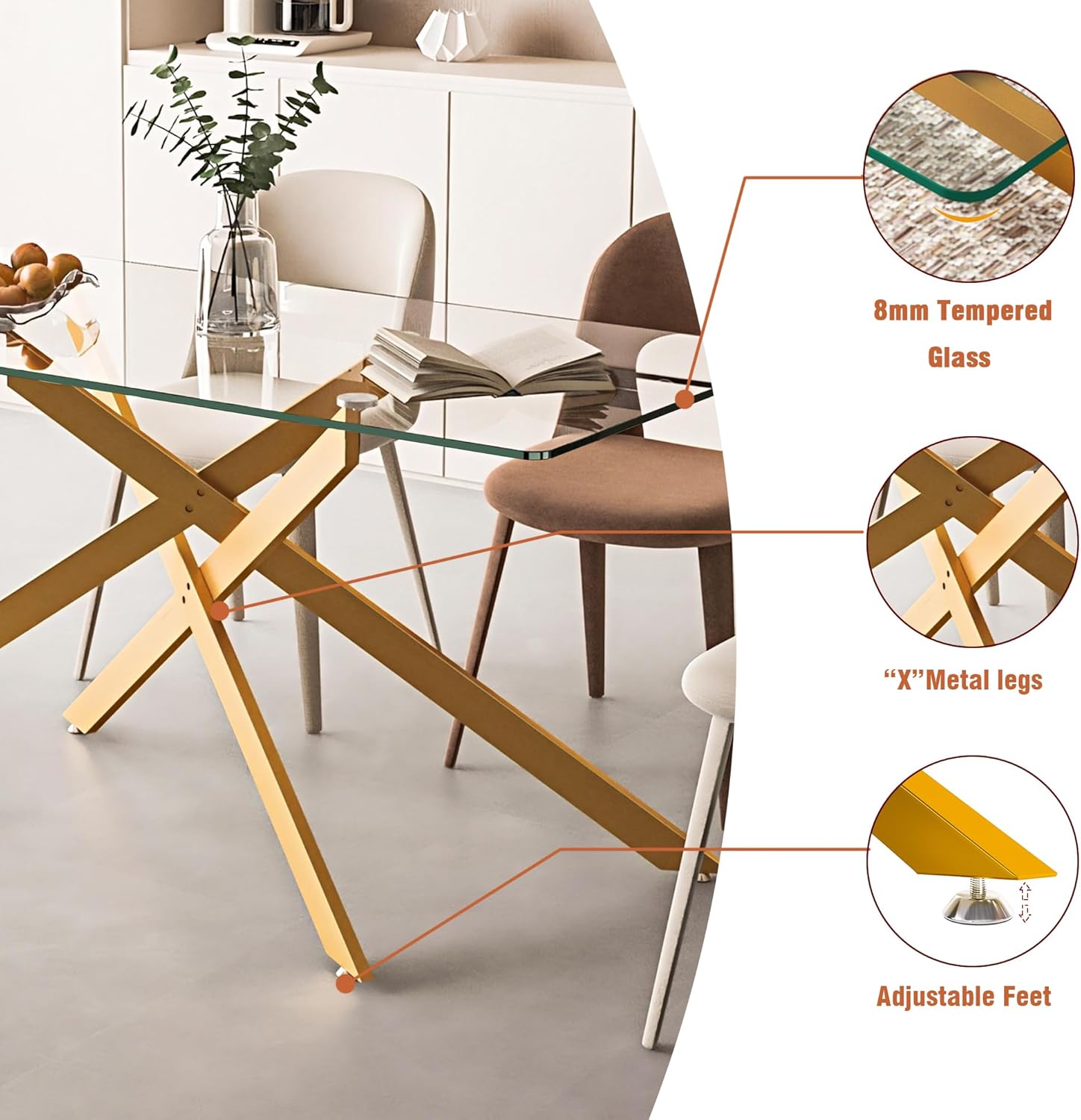 Henf Glass Dining Table Set for 6, 7 Piece Modern Kitchen Table and Chairs for 6,Gold Dining Room Table Set with 61" Glass Dinner Table & 6 Black Faux Leather Chairs for Small Space,Home, Apartment
