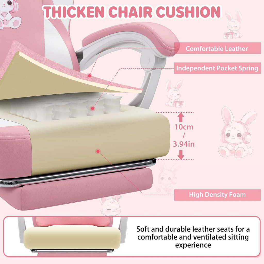 HOFFREE Kids Computer Gaming Chair for Girl with Cute Bunny Massage Lumbar Pillow Kids Pink Desk Office Chair with Adjustable Headrest and Footrest for Teen Girls