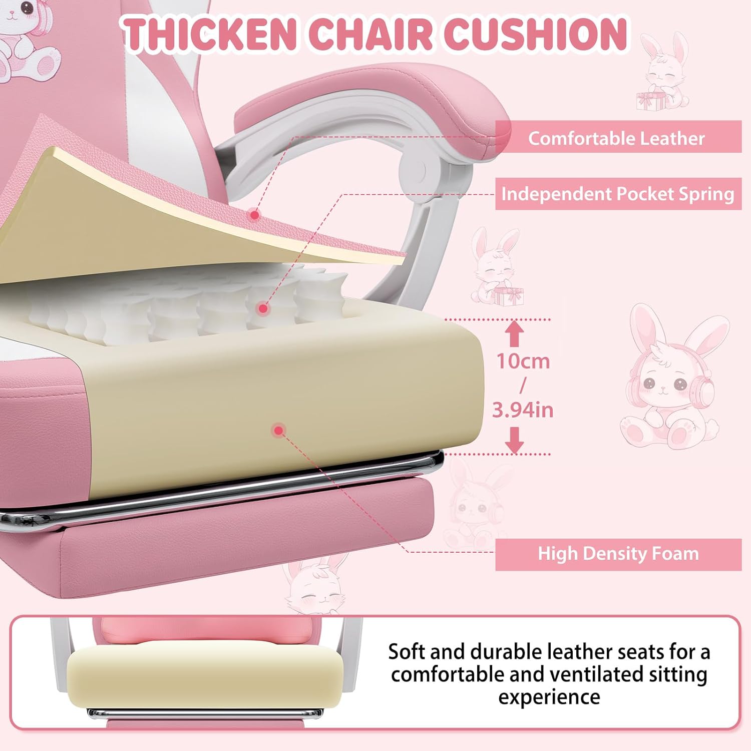 HOFFREE Kids Computer Gaming Chair for Girl with Cute Bunny Massage Lumbar Pillow Kids Pink Desk Office Chair with Adjustable Headrest and Footrest for Teen Girls