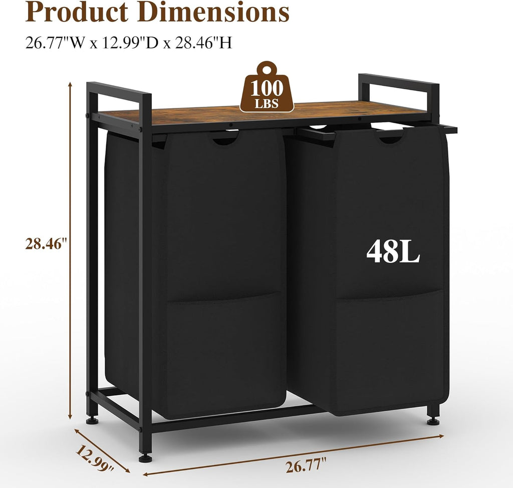 Laundry Sorter, Freestanding Black Hamper Basket, 2 Section Organizers and Storage, Pull-Out Fabric Bags, 100lb Capacity MDF Shelf, Metal Frame, 48L Bags, 26.8x13x28.5 Inch