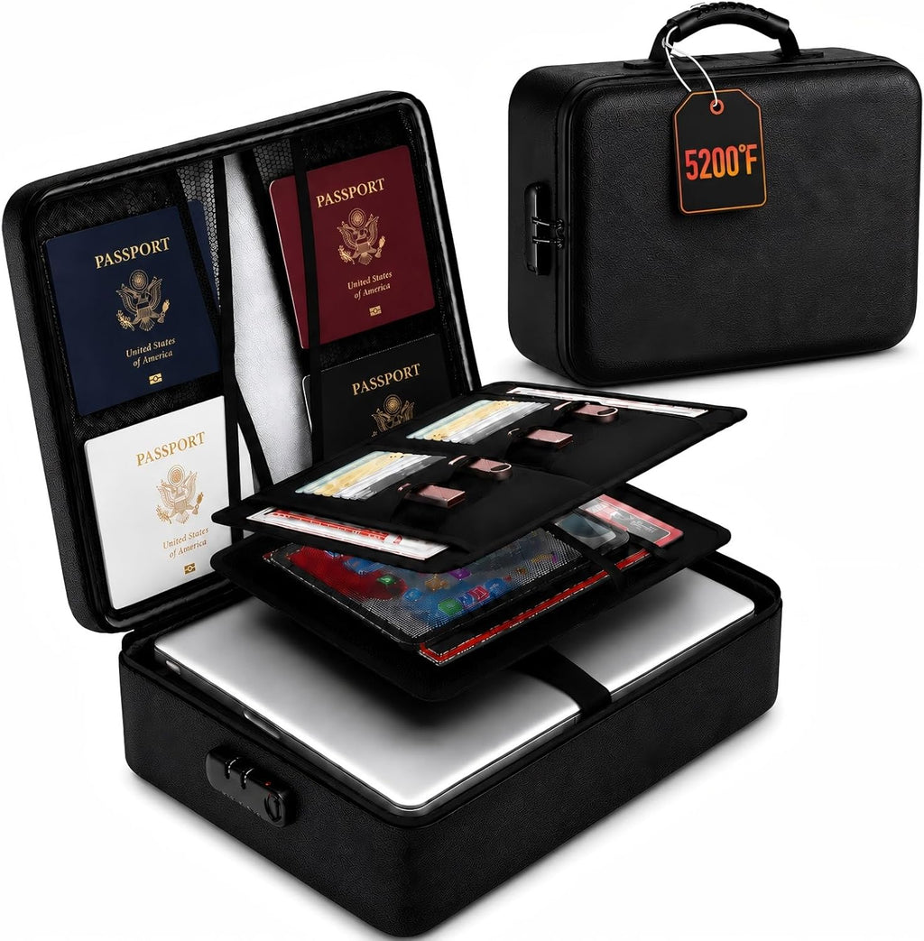 Fireproof Document Box with Lock, 8-Layer Waterproof Fire Resistant Safe Box, Upgraded Heat Insulated Storage Box, Portable Home Travel Organizer for Files, Certificates & Valuables - Black（Soft）