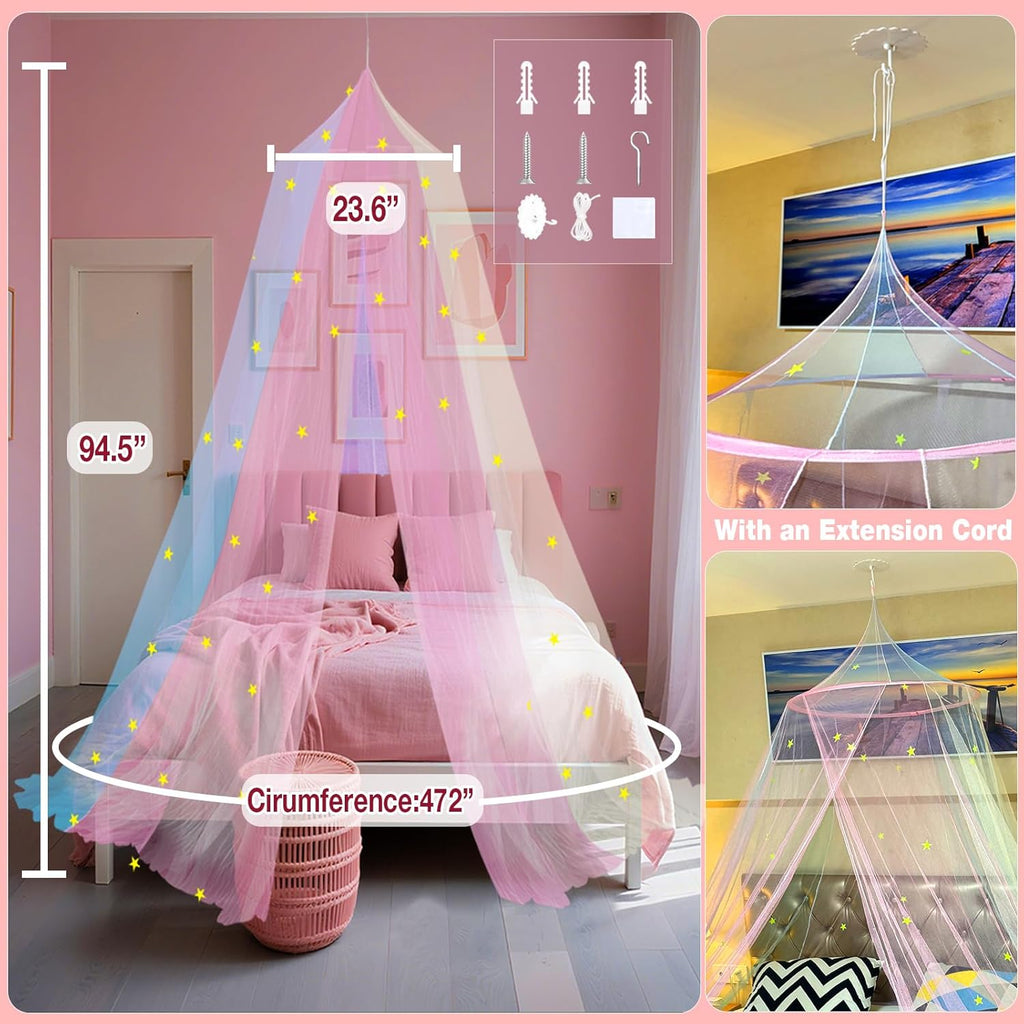 Princess Rainbow Bed Canopy for Girls with Glow-in-the-Dark Stars, Colorful Canopy Net Fits Most Single, Twin, Full and Queen Size Bed, Bedroom Accessories