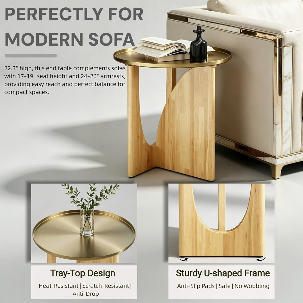 Gold End Tables Set of 3, Round Side Tables, Sofa Table with Wood Legs and Raised Edge Metal Top for Living Room, Bedroom, Bedside, Small Spaces, Easy Assembly, Natural