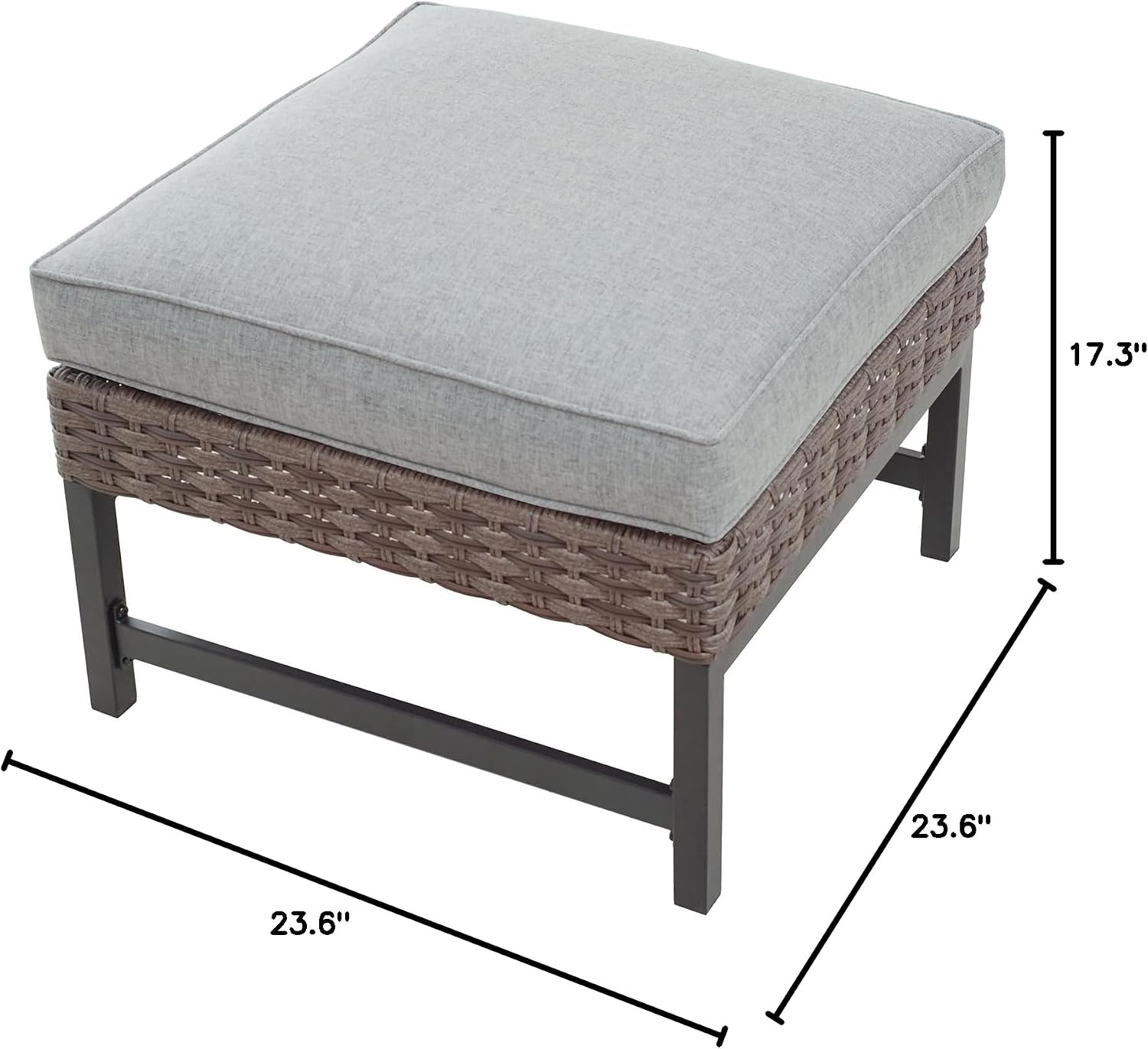 Outdoor Cushioned Ottoman Wicker Patio Furniture Ottoman with Grey Cushion Metal Steel Frame