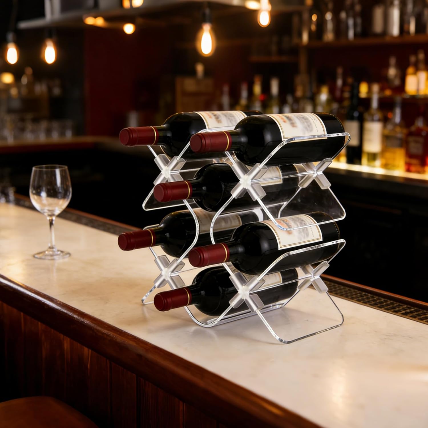 Acrylic 6 Bottle Countertop Wine Rack, Clear Freestanding Tabletop Wine Holder, Modern Space-Saving Wine Storage Organizer for Kitchen Bar Pantry
