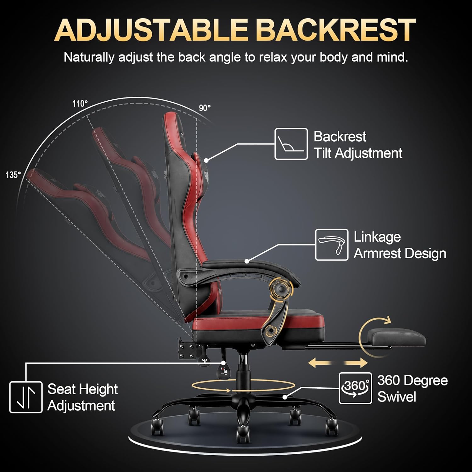 Ergonomic Gaming Chair with Retractable Footrest, High Back Video Game Chairs Computer Gaming Chairs with Headrest and Lumbar Support 400 lbs Linked Armrests Adult Chair (Black Red)