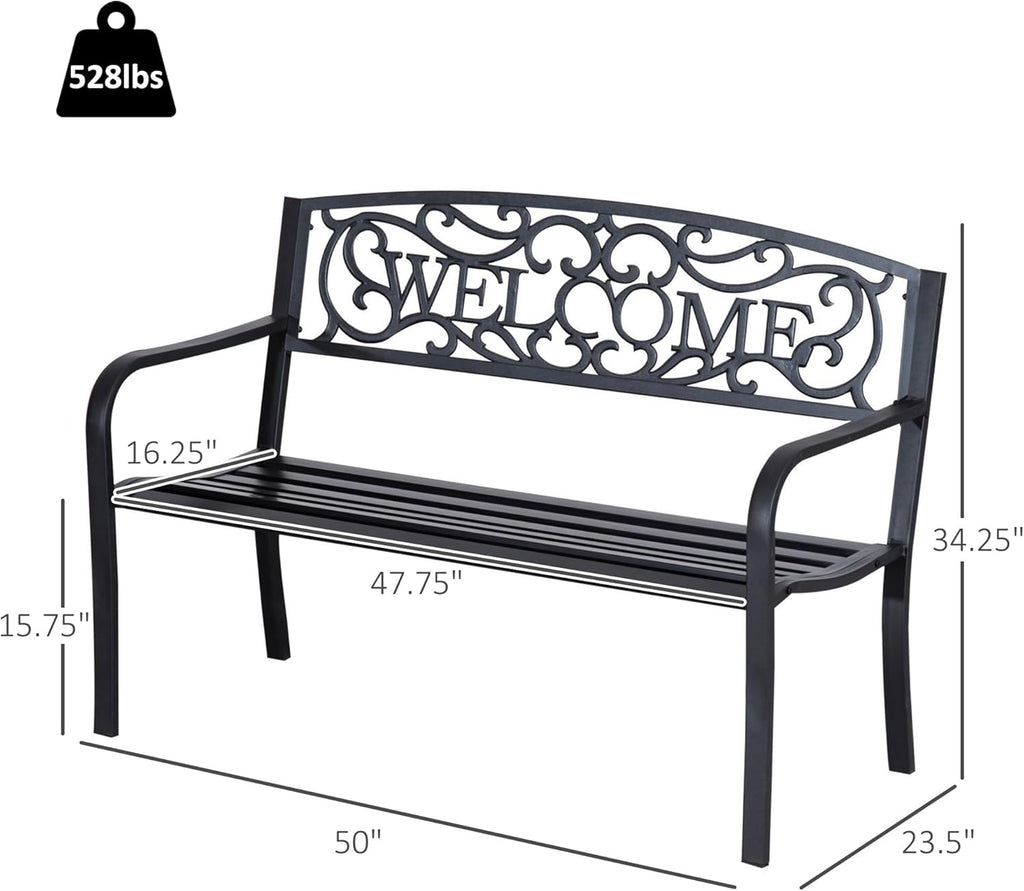 Garden Bench, 50 Inch 2-Person Outdoor Patio Loveseat with Cast Iron Welcome Vines, Decorative Park Bench for Backyard Porch Entryway Lawn Garden