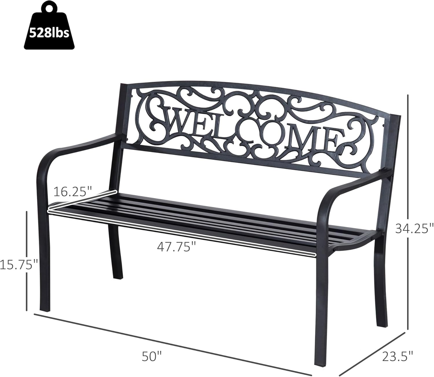 Garden Bench, 50 Inch 2-Person Outdoor Patio Loveseat with Cast Iron Welcome Vines, Decorative Park Bench for Backyard Porch Entryway Lawn Garden