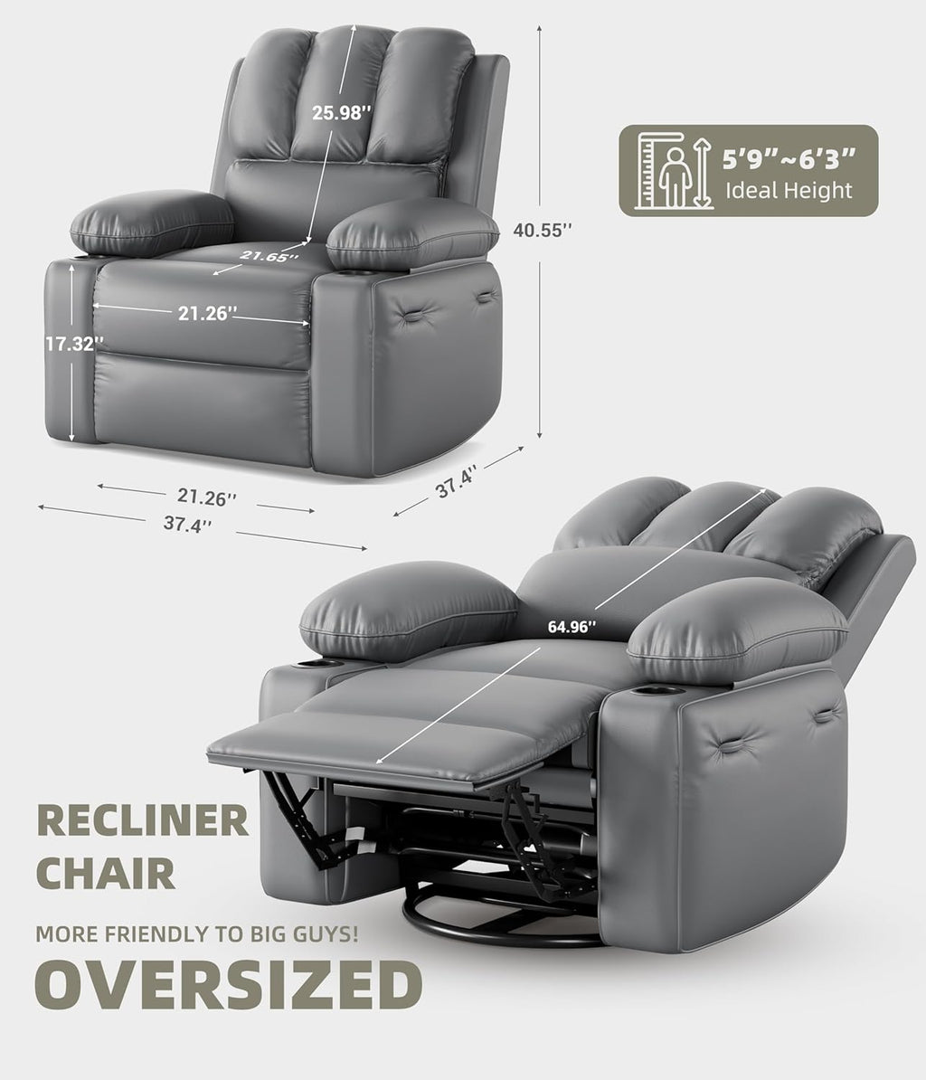 Garvee Oversized Swivel Rocker Recliner Chair - Heat and Massage, Leather Manual Recliner for Adults, Lazy Chair with Cup Holders, Comfort Arms and Back Single Sofa for Living Room