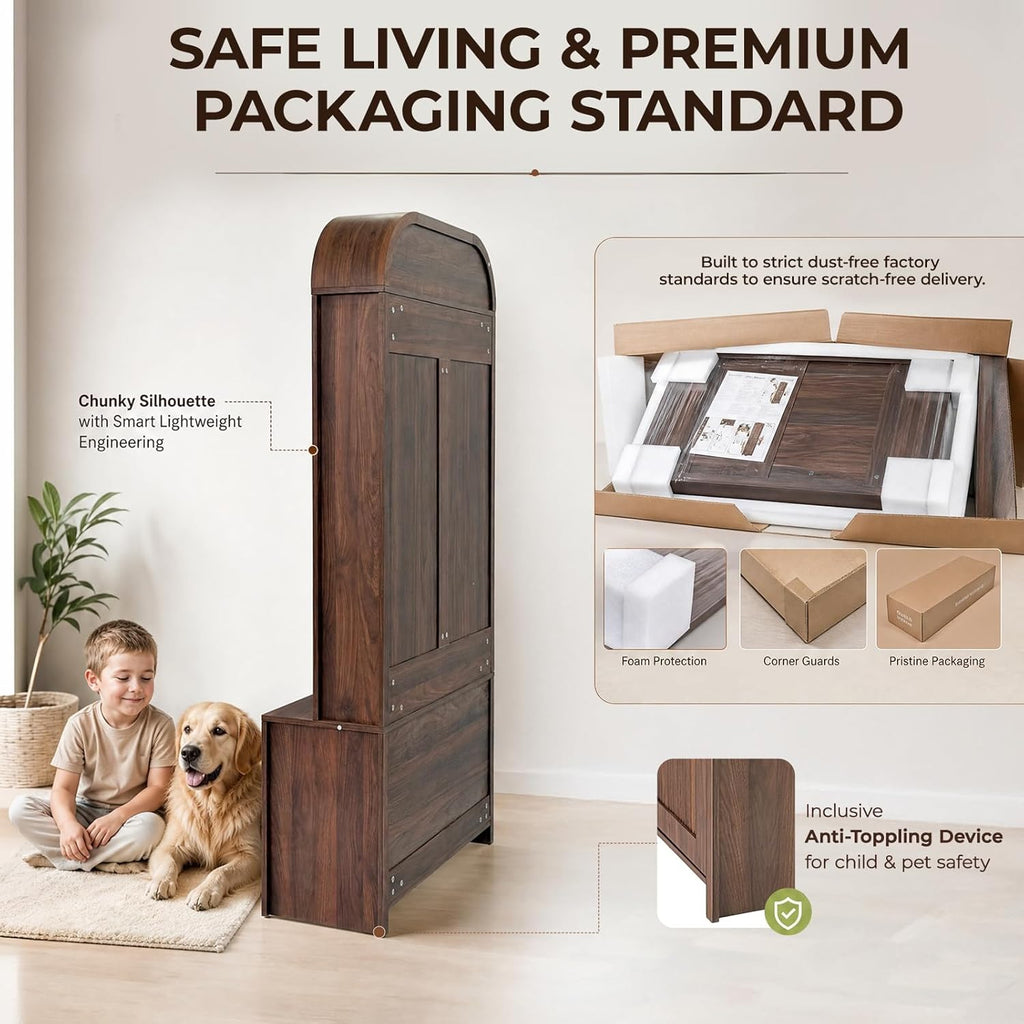 Narrow Entryway Hall Tree with Storage Bench, Modern Fluted Coat Rack and 2-Door Shoe Cabinet for Small Spaces, Arched Mudroom Organizer to Hide Clutter, Walnut