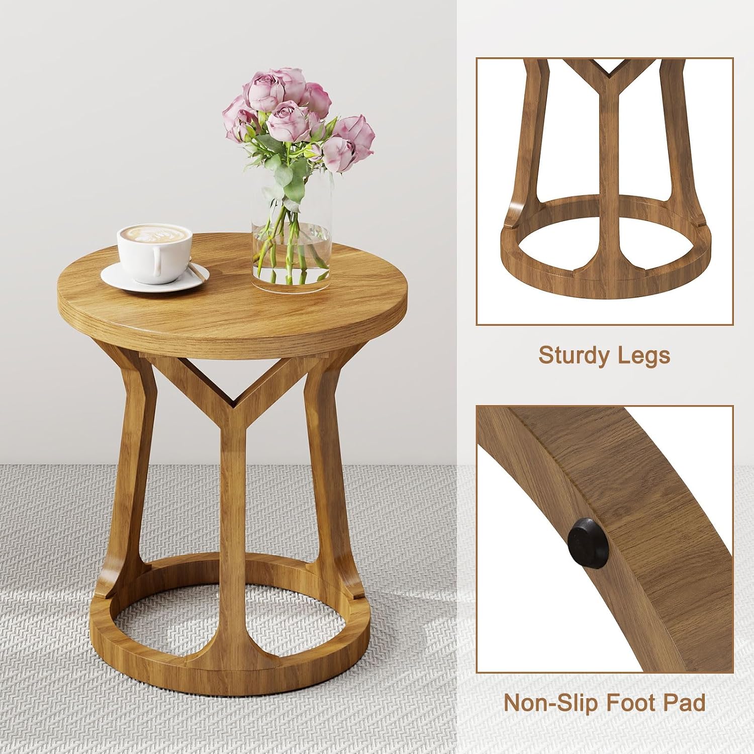 Round End Table Living Room, Rustic Side Table, 22" H Nightstand with Thick Top, Accent Tables for Bedroom Living Room Entryway, Natural