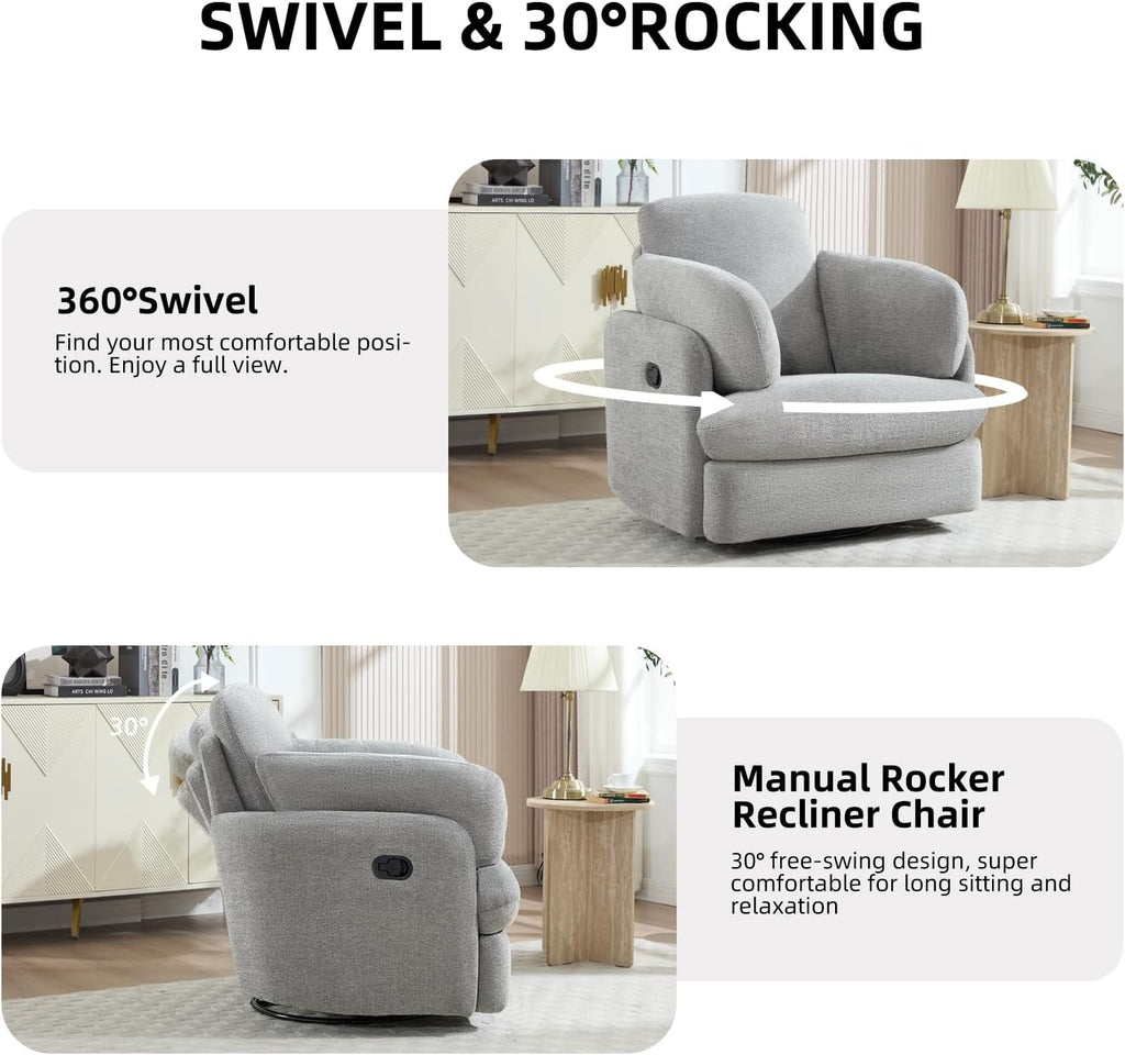 CANMOV Swivel Rocker Recliner, Manual Recliner Chair for Adults, Nursery Glider Rocking Chair with 2 Bolster Pillows and Hidden Storage, Light Grey