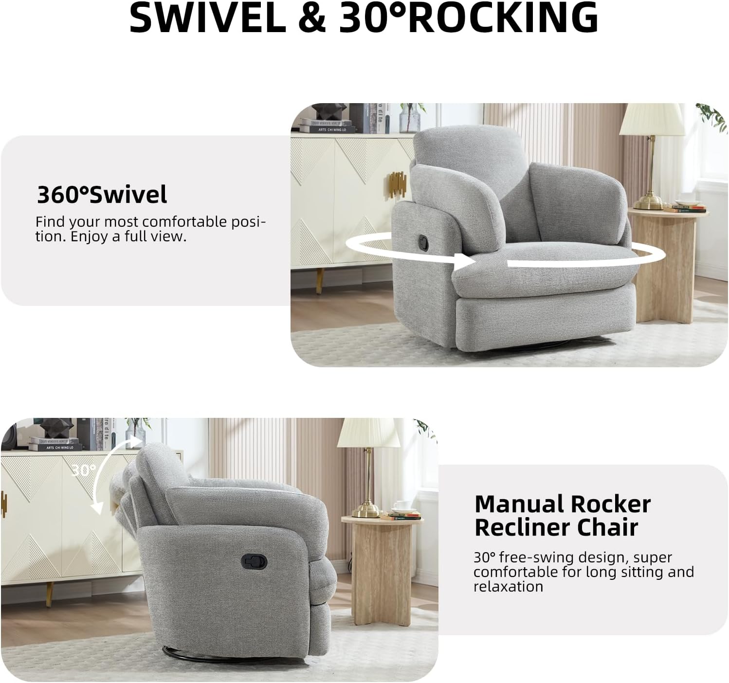 CANMOV Swivel Rocker Recliner, Manual Recliner Chair for Adults, Nursery Glider Rocking Chair with 2 Bolster Pillows and Hidden Storage, Light Grey