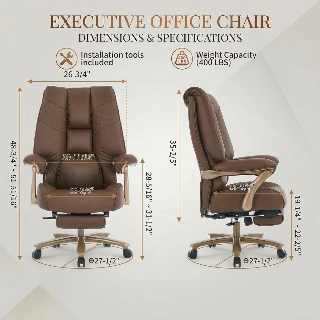 EXCEBET Big and Tall Office Chair 400lbs Wide Seat, Ergonomic Executive Desk Office Chair with Footrest, High Back PU Leather Chair with Lumbar Support, Padded Armrests, Heavy Duty Base, Brown