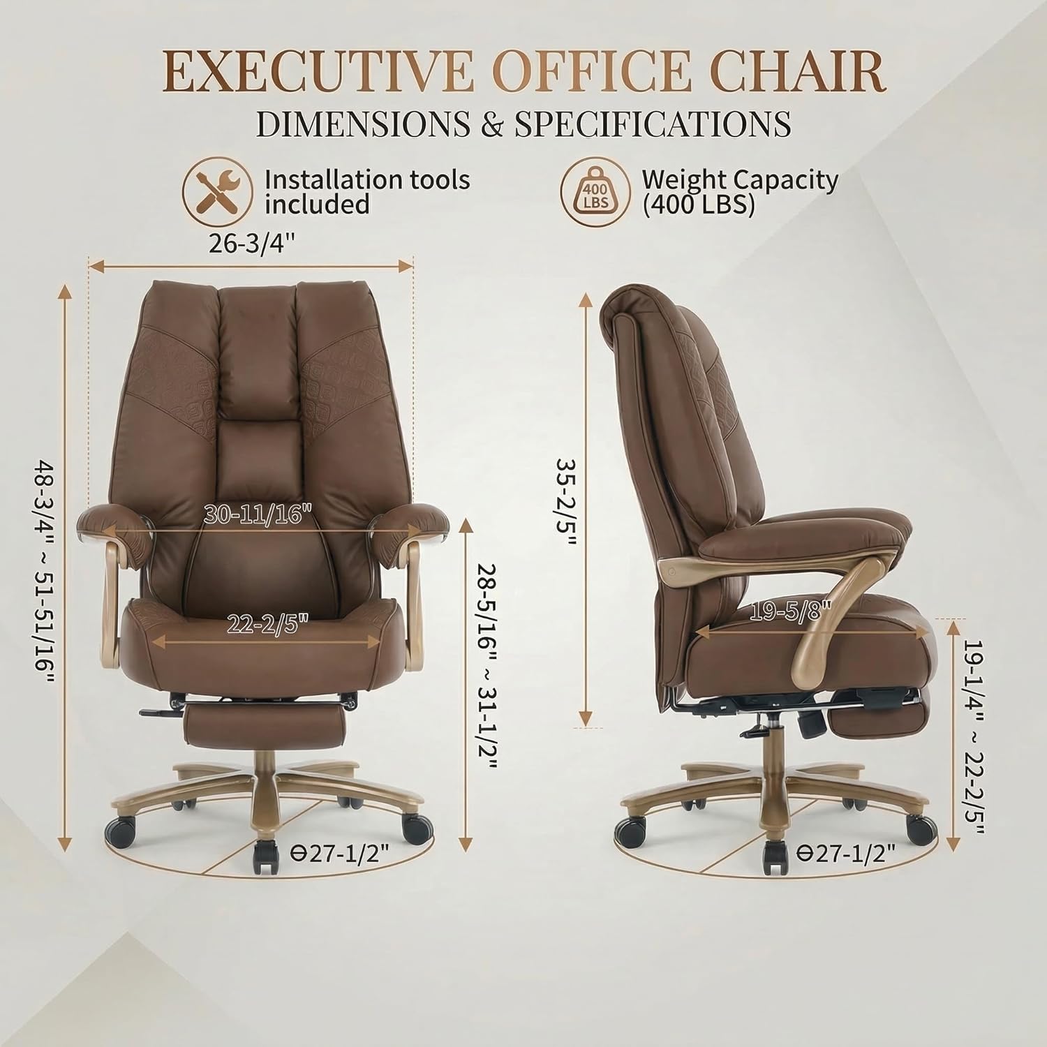 EXCEBET Big and Tall Office Chair 400lbs Wide Seat, Ergonomic Executive Desk Office Chair with Footrest, High Back PU Leather Chair with Lumbar Support, Padded Armrests, Heavy Duty Base, Brown