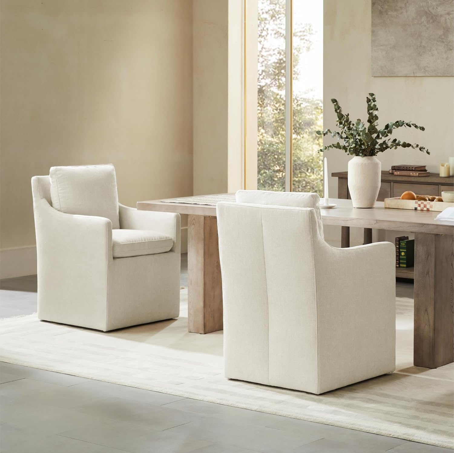 KISLOT Upholstered Dining Chairs with Casters, No Assembly Modern Accent Armchair with Rollers for Dining Room, Bedroom, Living Room, Reading Room, Already Assembled, Beige, 2 Box