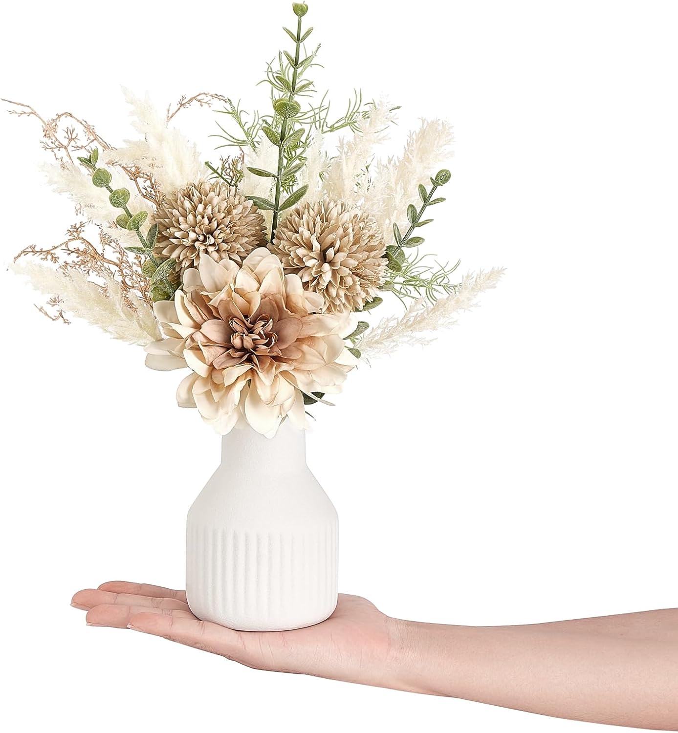 Mkono Small Artificial Flowers in Ceramic Vase 12.5" Centerpieces Coffee Table Decor, Silk Flower Arrangements for Home Decor Indoor Fake Flower Bouquet for Bathroom Dining Room Kitchen Wedding Brown