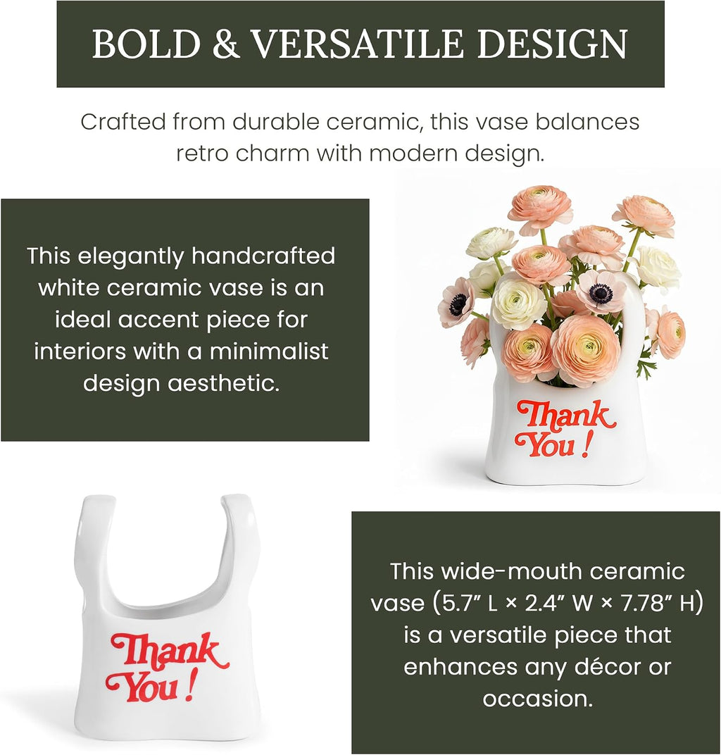 Handmade Ceramic Bag Flower Vase with Red “Thank You” Print | Glossy White Purse Vase for Modern Home Decor, Mantel, Kitchen, Living Room, Table Centerpiece