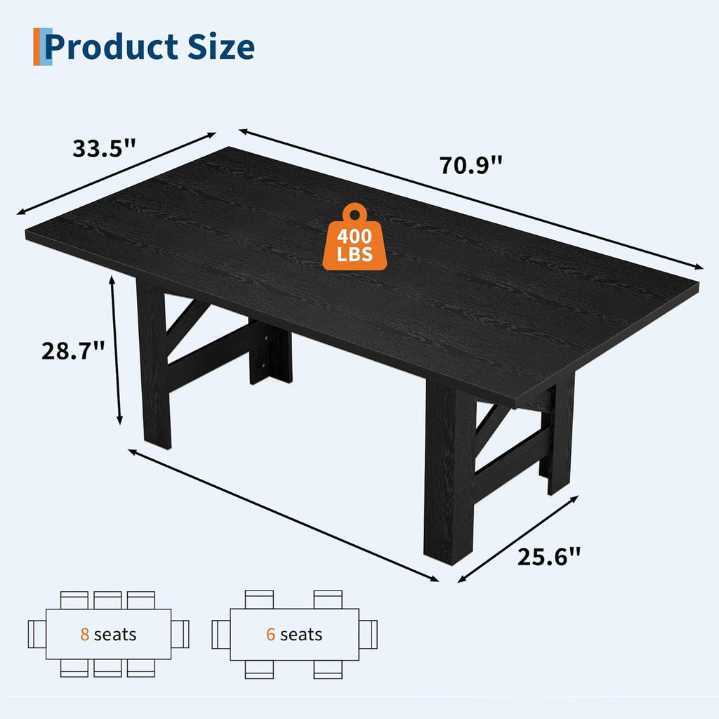 IDEALHOUSE 71" Long Dining Table for 6-8, Farmhouse Wooden Barn Kitchen Table for 6, Triangular Legs, Large Dining Room Table w/Thick Tabletop, Sturdy Frame, for Dinner, Kitchen, Office, Rustic Black
