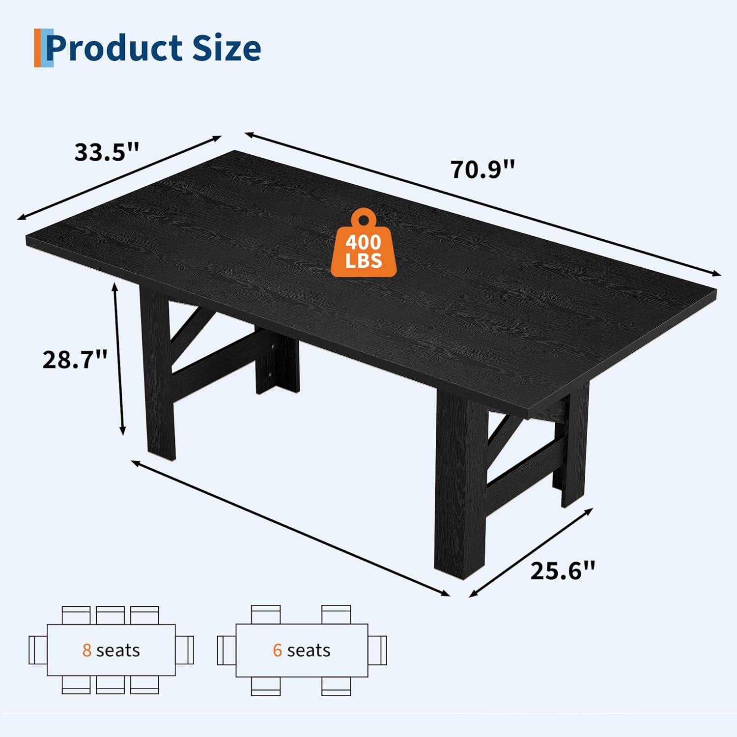 IDEALHOUSE 71" Long Dining Table for 6-8, Farmhouse Wooden Barn Kitchen Table for 6, Triangular Legs, Large Dining Room Table w/Thick Tabletop, Sturdy Frame, for Dinner, Kitchen, Office, Rustic Black