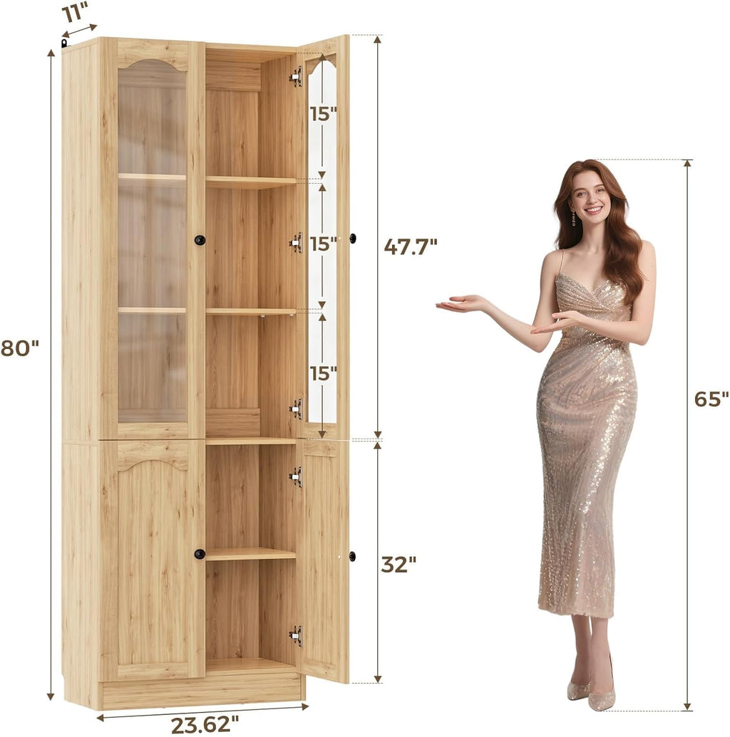 Cyclysio 80" Tall Pantry Cabinet with 8 Doors, Natural Oak Kitchen Pantry Storage Cabinet with Built-in Baseboard Notch & Adjustable Shelves – Kitchen Storage Cabinet for Dining, Living Room, Office