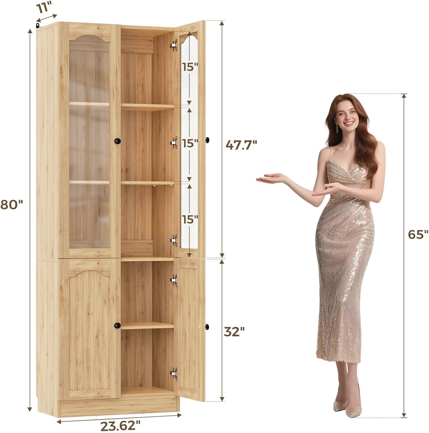 Cyclysio 80" Tall Pantry Cabinet with 8 Doors, Natural Oak Kitchen Pantry Storage Cabinet with Built-in Baseboard Notch & Adjustable Shelves – Kitchen Storage Cabinet for Dining, Living Room, Office