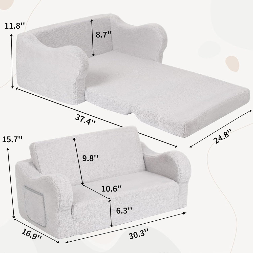 Extra Wide Toddler Chair, 2-in-1 Toddler Couch Fold Out, Convertible Kids Sofa to Lounger for Boys & Girls, Grey