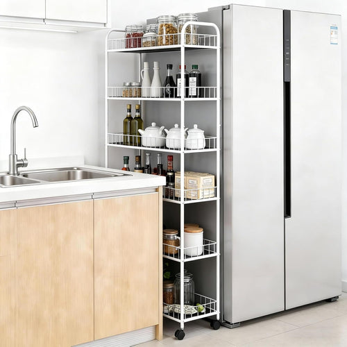 10in 6 Tier Slim Storage Cart with Wheels,White Narrow Space Rolling Shelving Unit, Metal Wire Mobile Organizer Rack for Kitchen Bathroom Office Laundry