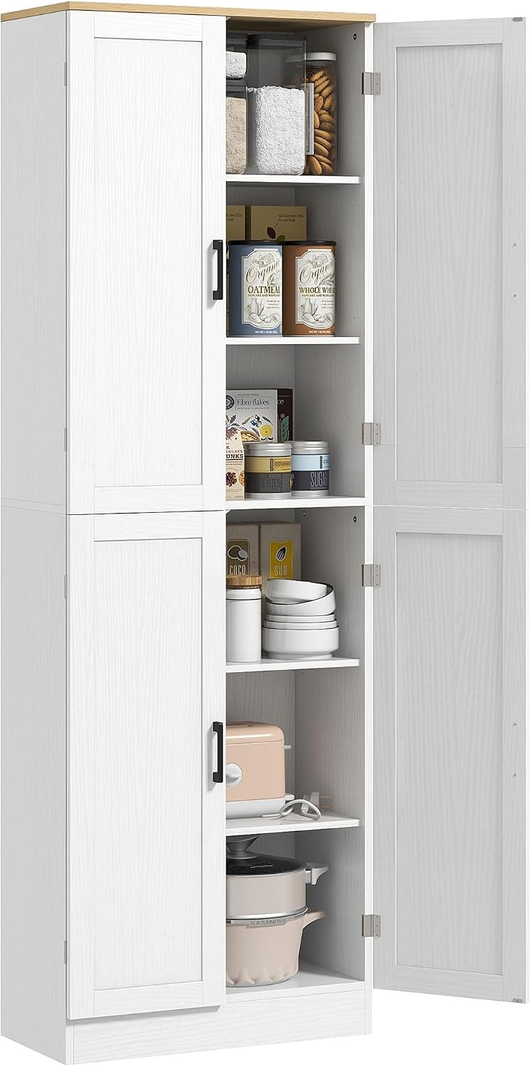 HOMCOM 67" Freestanding Kitchen Pantry, 4-Door Storage Cabinet Organizer with Adjustable Shelves, Kitchen Cabinet with Doors and Shelves, Distressed White