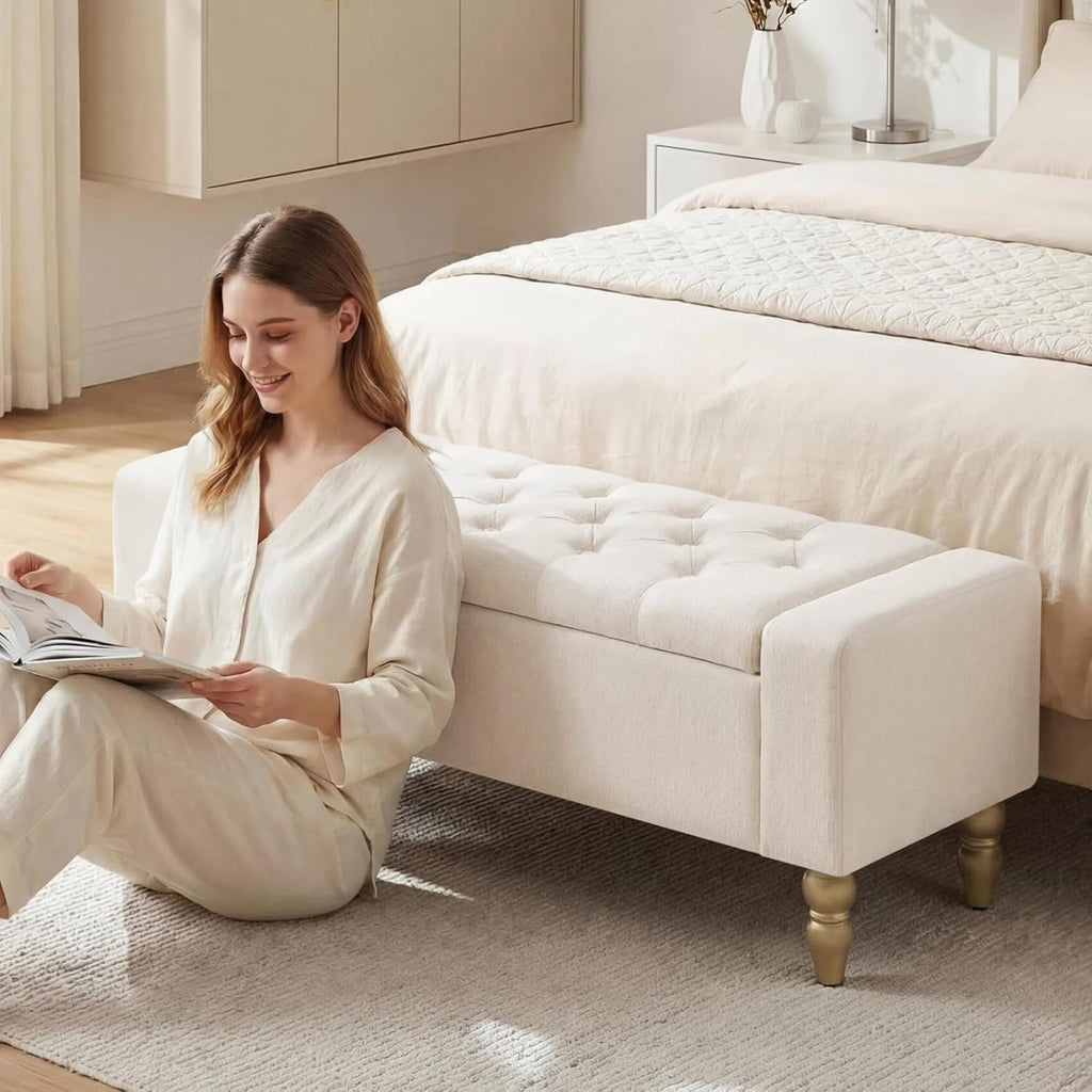 47 Inch Large Storage Ottoman Bench, Upholstered End of Bed Bench with Removable Lid, Diamond Tufted Seat, Wood Legs, Hidden Storage Organizer for Bedroom, Living Room, Entryway,Light Beige