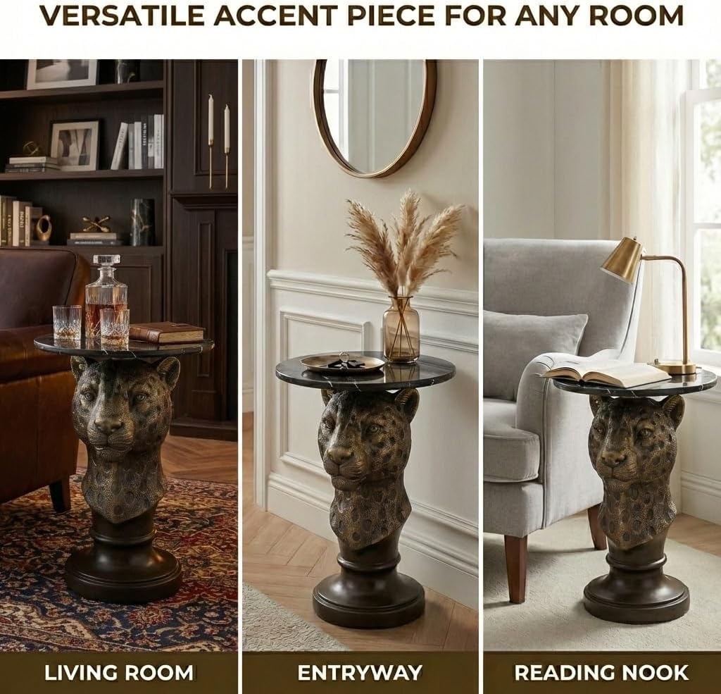 Bronze Leopard Side Table - End Table with Faux Marble Top Unique Leopard Statue Decor for Living Room Bedroom Entryway Elegant Animal Sculpture Gothic Home Decor