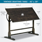 Studio Designs Vintage Drawing/Drafting Table with Pencil Ledge - 42" W x 30" D - Distressed Black - Adjustable Tilting Top