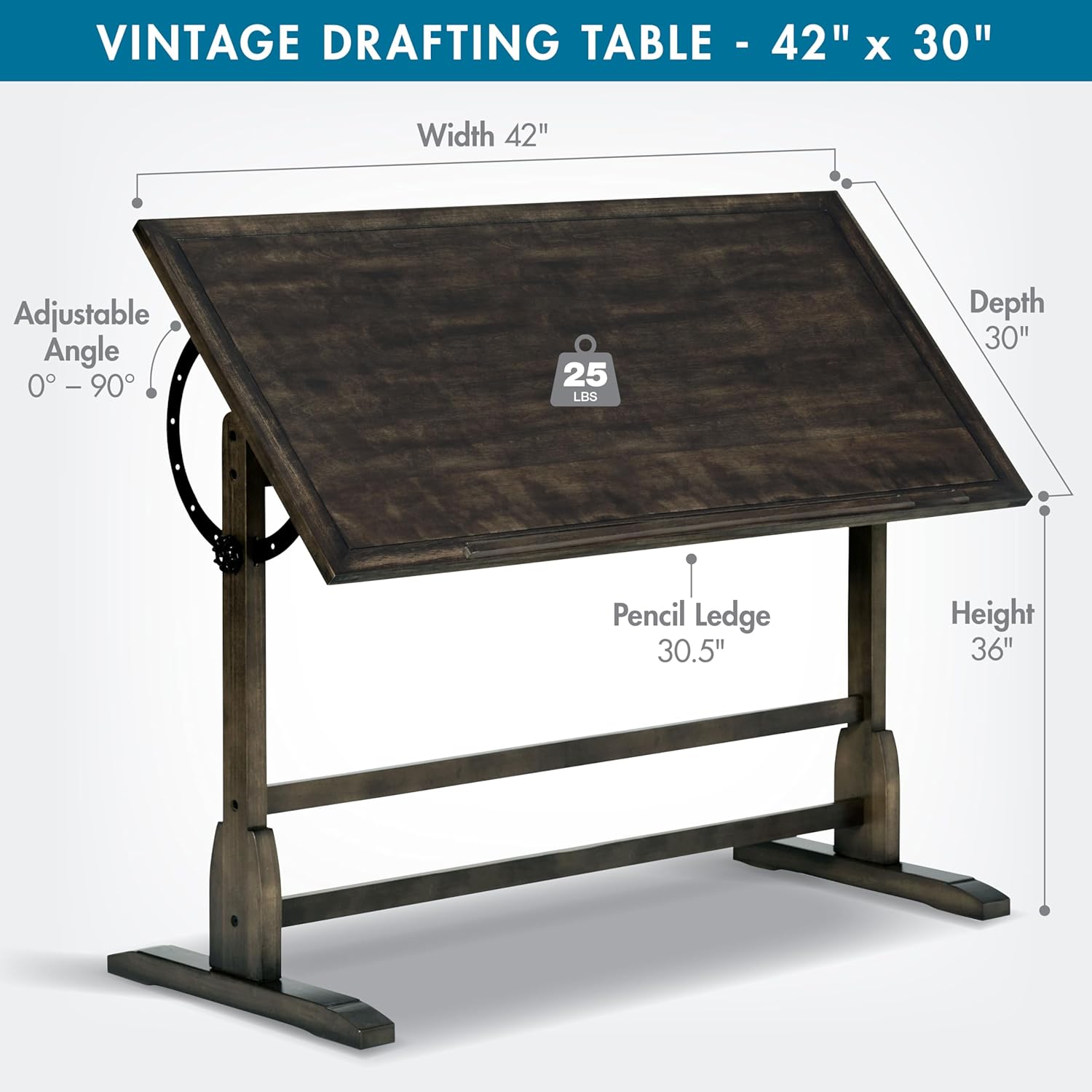 Studio Designs Vintage Drawing/Drafting Table with Pencil Ledge - 42" W x 30" D - Distressed Black - Adjustable Tilting Top