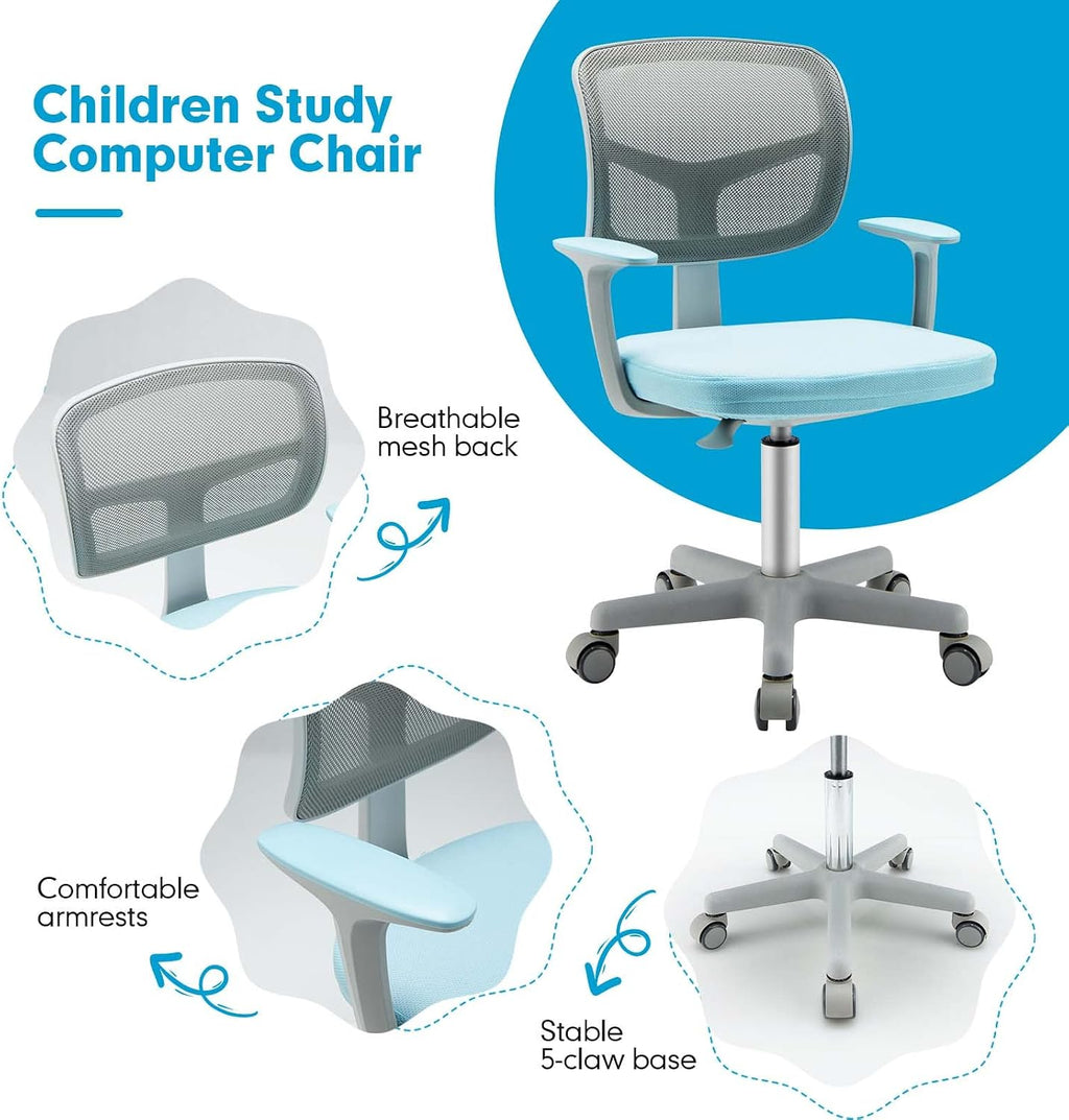 Costzon Kids Desk Chair, Adjustable Children Study Computer Chair with Arms & Wheels, Student Swivel Rolling Task Chair, Ergonomic Kids Office Chair for Boys Girls Age 4-12, Home Bedroom School, Blue