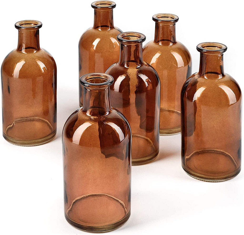 Serene Spaces Living Bud Vases, Apothecary Jars, Decorative Glass Bottles, Centerpiece for Wedding Reception, Mini Flower Vases, Small Medicine Bottles for Home Decor (Amber, Set of 24)
