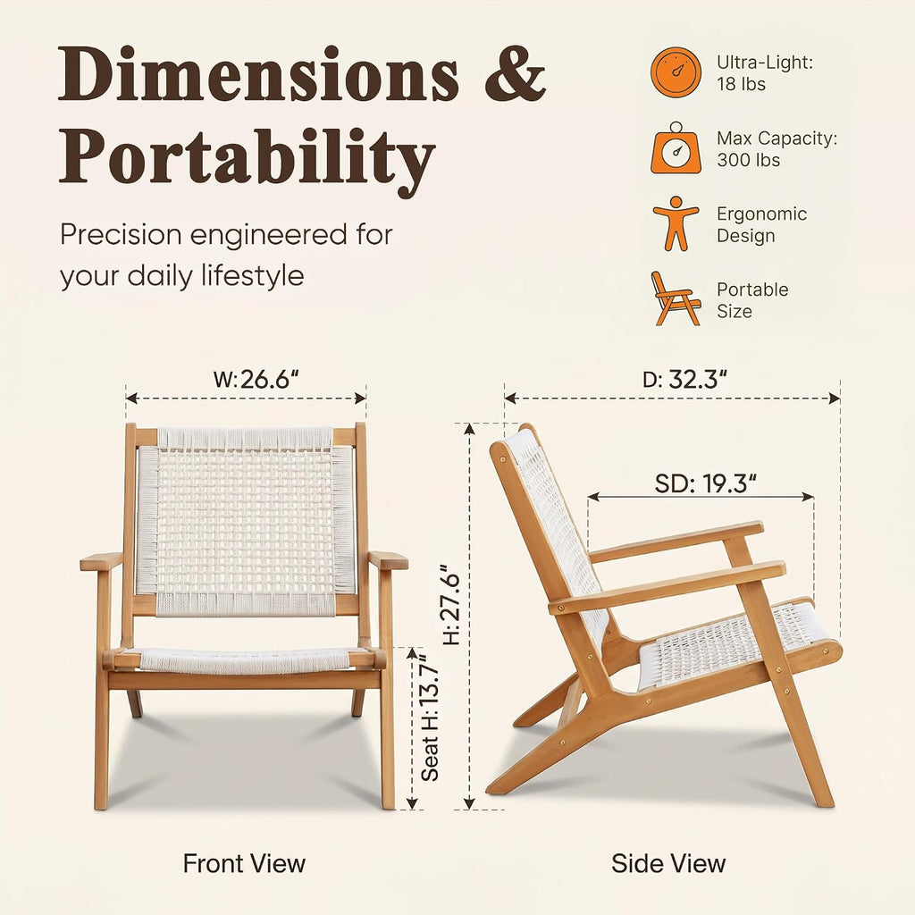 Devoko Patio Chairs, Adirondack Chairs Set of 2, Acacia Wood Outdoor Chairs with Woven Rope Seat for Porch, Poolside, Backyard, Beige