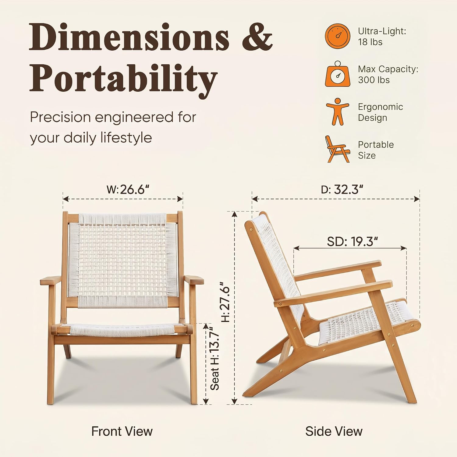 Devoko Patio Chairs, Adirondack Chairs Set of 2, Acacia Wood Outdoor Chairs with Woven Rope Seat for Porch, Poolside, Backyard, Beige