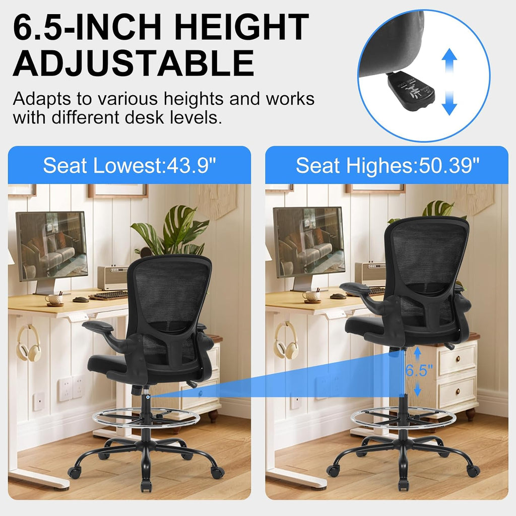 Ergonomic Drafting Chair, Standing Desk Chair with Lumbar Support Tall Office Chair with Flip-Up Arms Footrest Ring, Breathable Mesh High Desk Chair with PU Leather Seat Cushion, Black