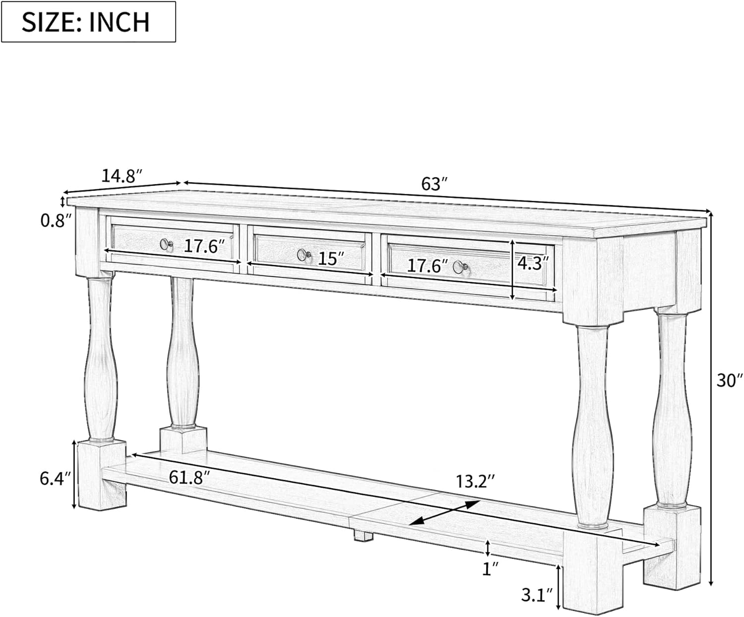 Knocbel Long Console Table with 3 Drawers & Bottom Open Shelf, Solid Wood Mediterranean Entry Sofa Table for Entryway Hallway Living Room, 63" W x 14.8" D x 30" H, Espresso